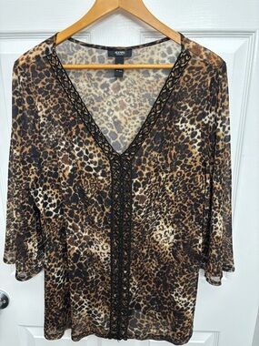 Alfani Brown & Black Leopard-Print V-Neck Tunic w/Embellished Detailing, 2X